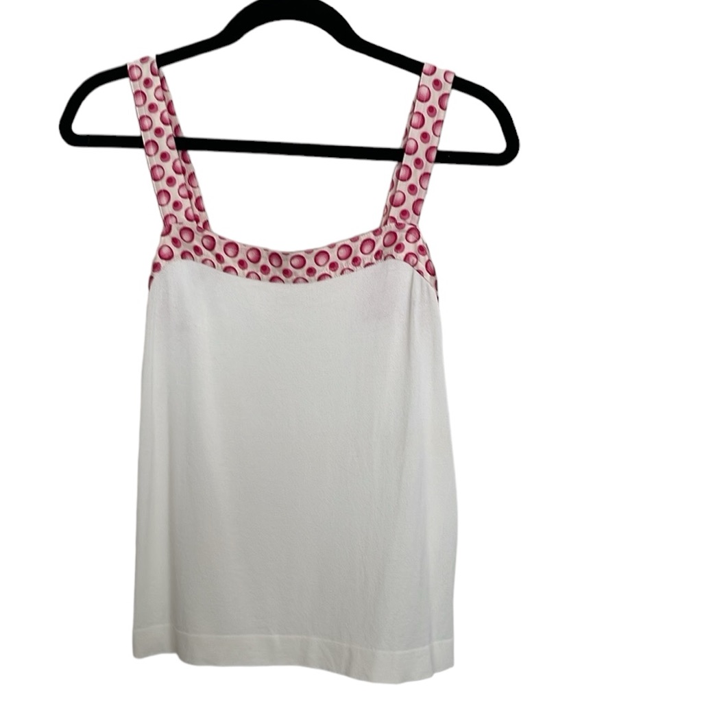 Escada White Shell Top With Pink Dots Border Trim